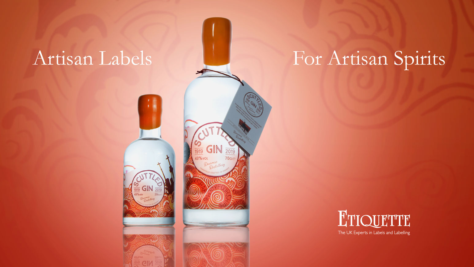 Scuttled Gin Labels - clear synthetic material with matt finish, produced by Etiquette Labels, UK Experts in Labels and Labelling