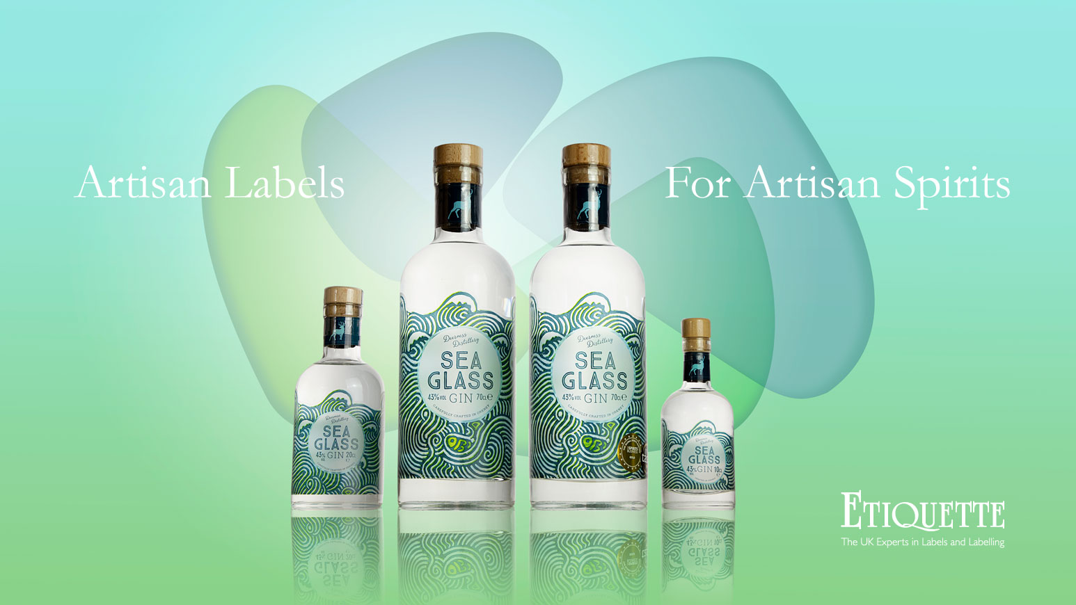 Sea Glass Gin Labels - clear synthetic material with matt finish, produced by Etiquette Labels, UK Experts in Labels and Labelling