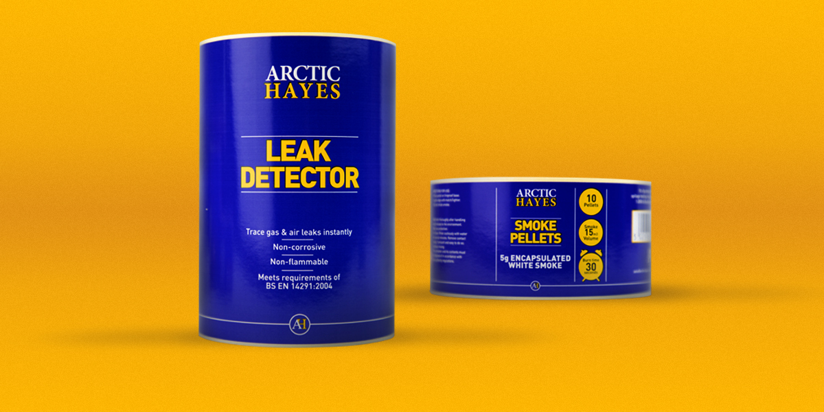Leak Detector Labels and Smoke Pellets Labels. Rich, deep blue colour. Produced by Etiquette Labels, UK Experts in Labels and Labelling