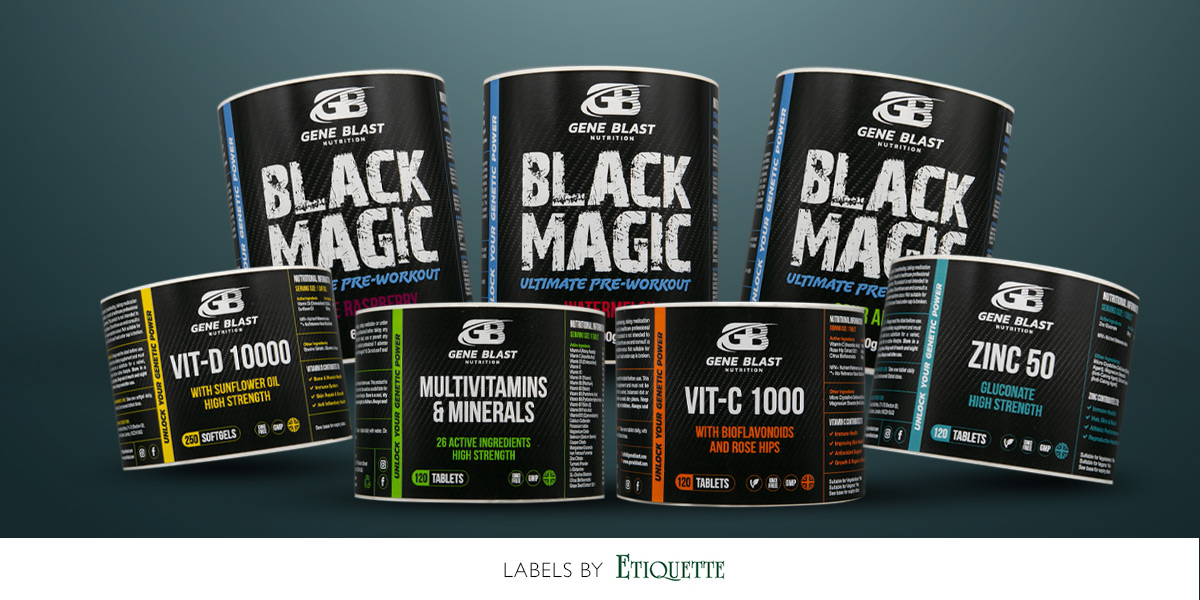Printed, self-adhesive labels for pre-workout drinks and multivitamins. produce by Etiquette Labels, UK labelling experts.