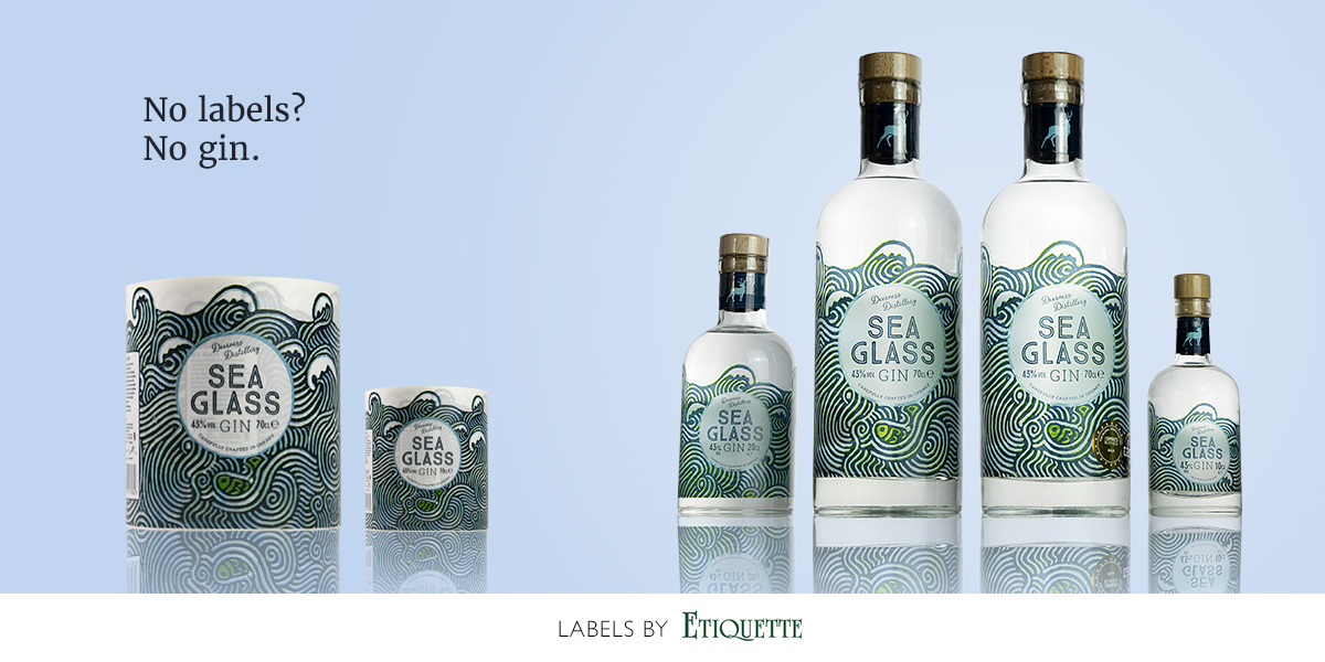 Self-adhesive gin labels, printed on clear synthetic material with a matt finish