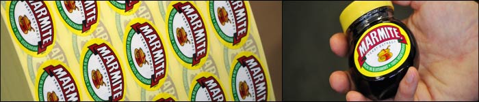 Marmite self adhesive printed labels from Etiquette label printers
