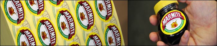 Label Printers Etiquette produce self adhesive labels for leading Unilever brand Marmite Marmite self adhesive printed labels from Etiquette label printers