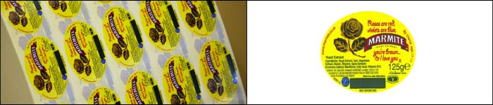 Marmite back side printed labels from the expert label printers