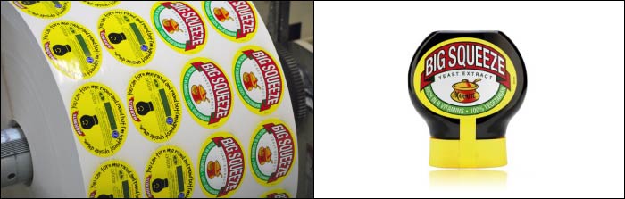 Etiquette label printers create Squeezy printed labels for Unilever brand Marmite Marmite Printed labels from leading label suppliers Etiquette