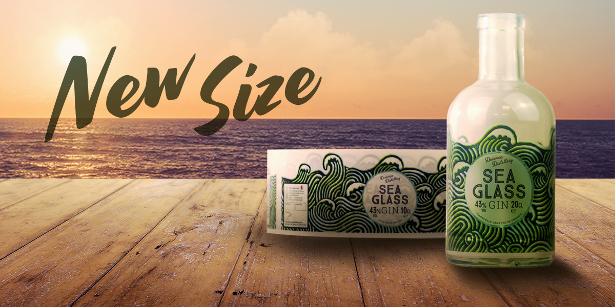 Sea Glass Gin labels in new, smaller size. Clear, synthetic material with matt finish and special shape, professionally printed by Etiquette Labels.