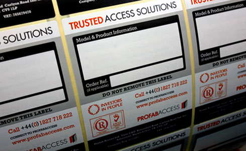 Printed labels from Etiquette for Profab Access Ltd