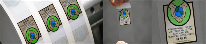 The Label Printers at labelling suppliers Etiquette have produced printed labels for Rogers Estate Coffee Printed Coffee Bag Labels from Etiquette Label Printers