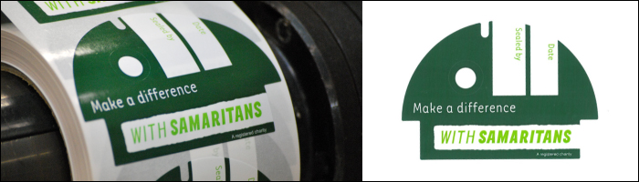 New printed labels for Samaritans charity Etiquette's label printing team have produced new labels for the Samaritans Charity