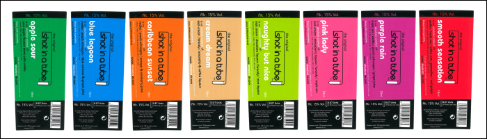 Printed labels for Shooters "Shot in a Tube" drinks products Printed Labels from Etiquette for the Original Shot in a Tube