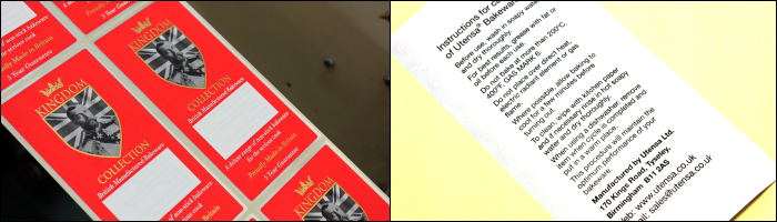 Printed Labels for the Utensa Kingdom Collection range of premium bakeware Label Printing from Etiquette for Utensa Kingdom Collection premium bakeware