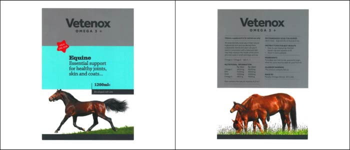Digital printed labels for Vetenox from the expert UK label printers Etiquette Digital label printing and printed labels from Etiquette