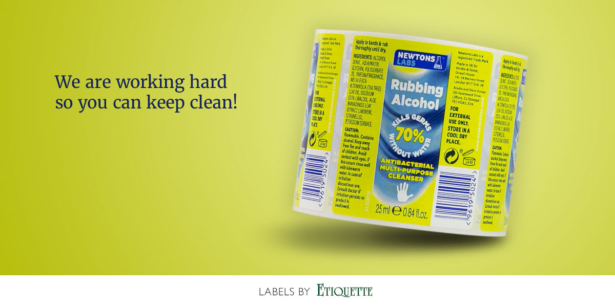 Printed, self-adhesive, synthetic labels for Rubbing Alcohol - Antibacterial Cleanser.