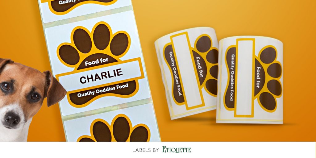 Custom printed self-adhesive labels for personalised dog food bags.