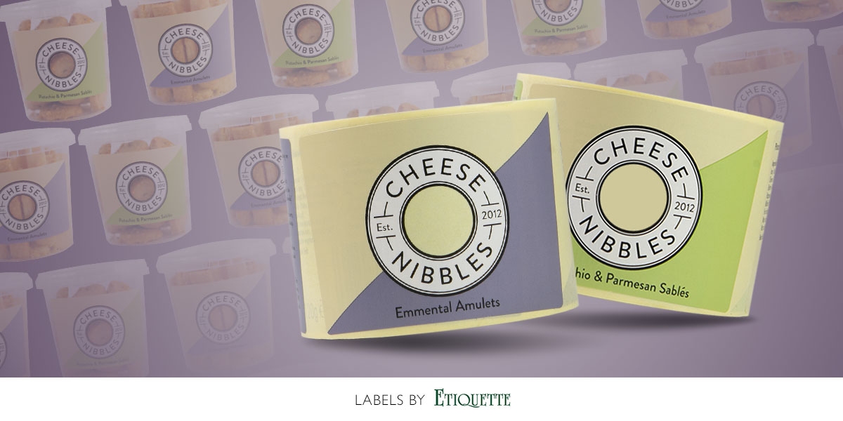 Printed labels for Cheese Nibble Pots - tapered labels for conical pots with cut-outs 
