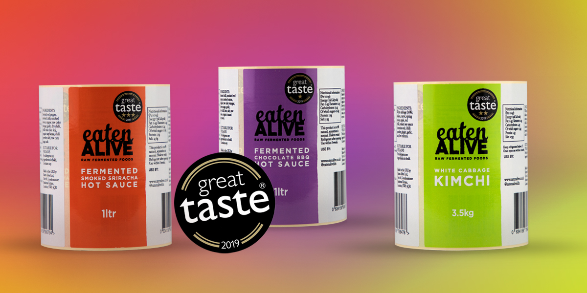 Digital, self-adhesive, jar labels for Eaten Alive. Sauce Labels, Kimchi labels, Custom printed labels on rolls by Etiquette Labels 