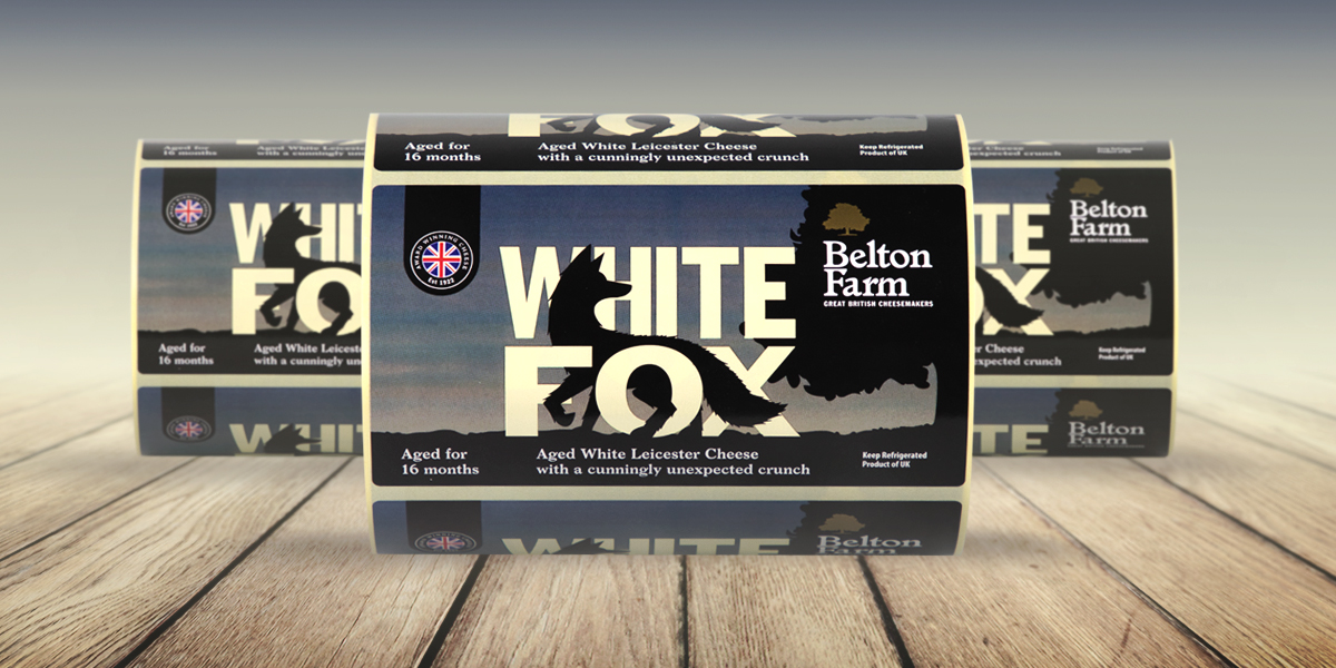 White Fox Cheese Labels for Belton Farm Great British Cheesemakers. Self-adhesive, printed labels produced by Etiquette Labels