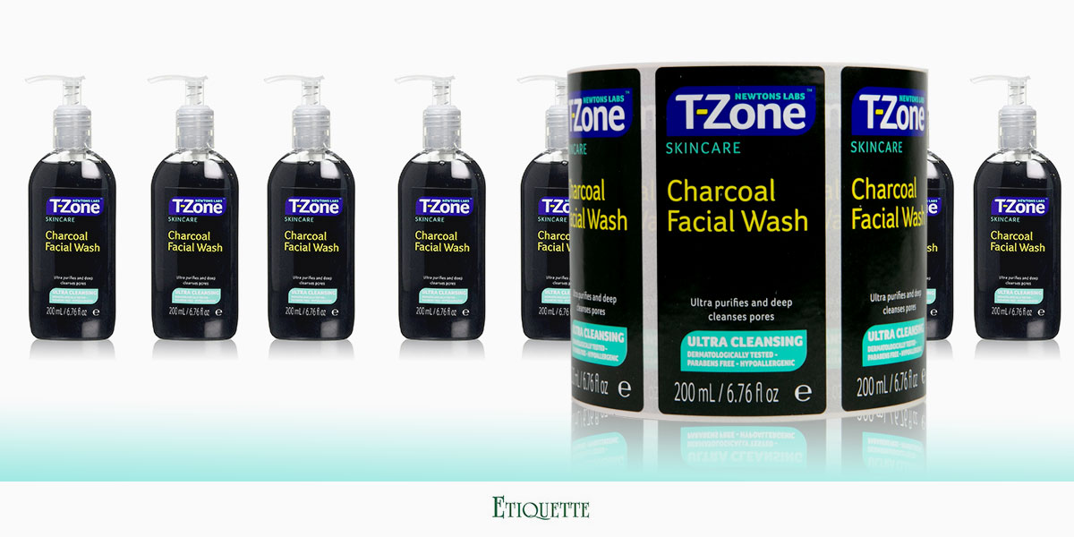 Professionally printed, self-adhesive labels on a roll, cosmetic labels for T-Zone Facial Wash
