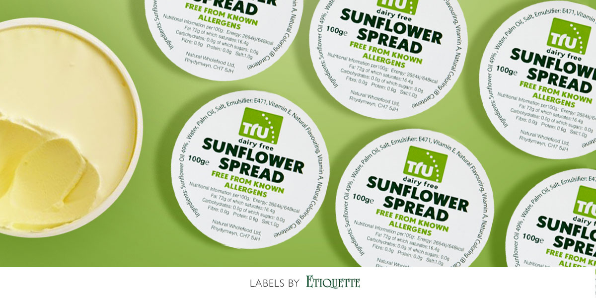 Sunflower spread self-adhesive labels, custom printed for Natural Wholefood