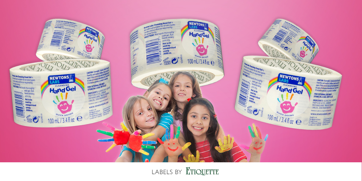 Hand gel for kids printed self-adhesive labels by Etiquette Labels