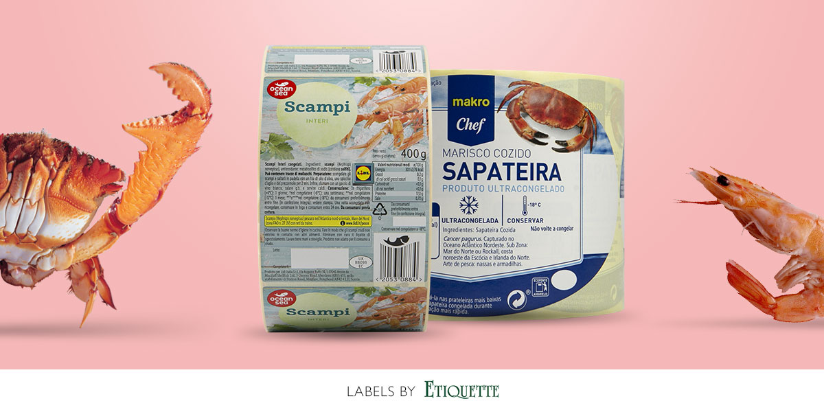 Seafood labels, crab labels, scampi labels, UK manufacturer Etiquette Labels