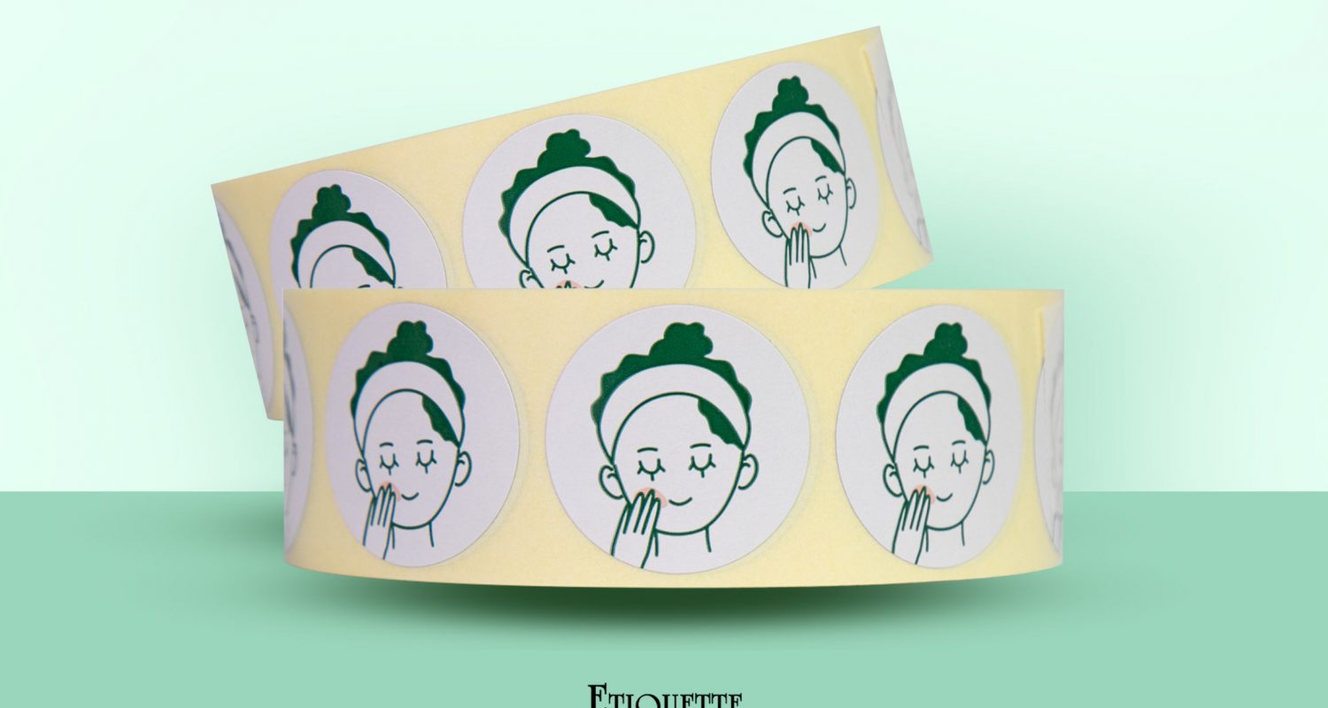 Plain Round Label witha simple illustration of a woman applying a beauty product